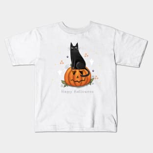 Halloween cute black cat and spooky pumpkin. Kids T-Shirt